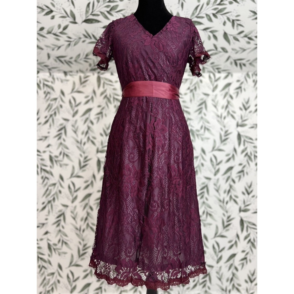 Short Sleeve Lace Vintage Retro Style Dress Burgundy Plum Size XS New #3
